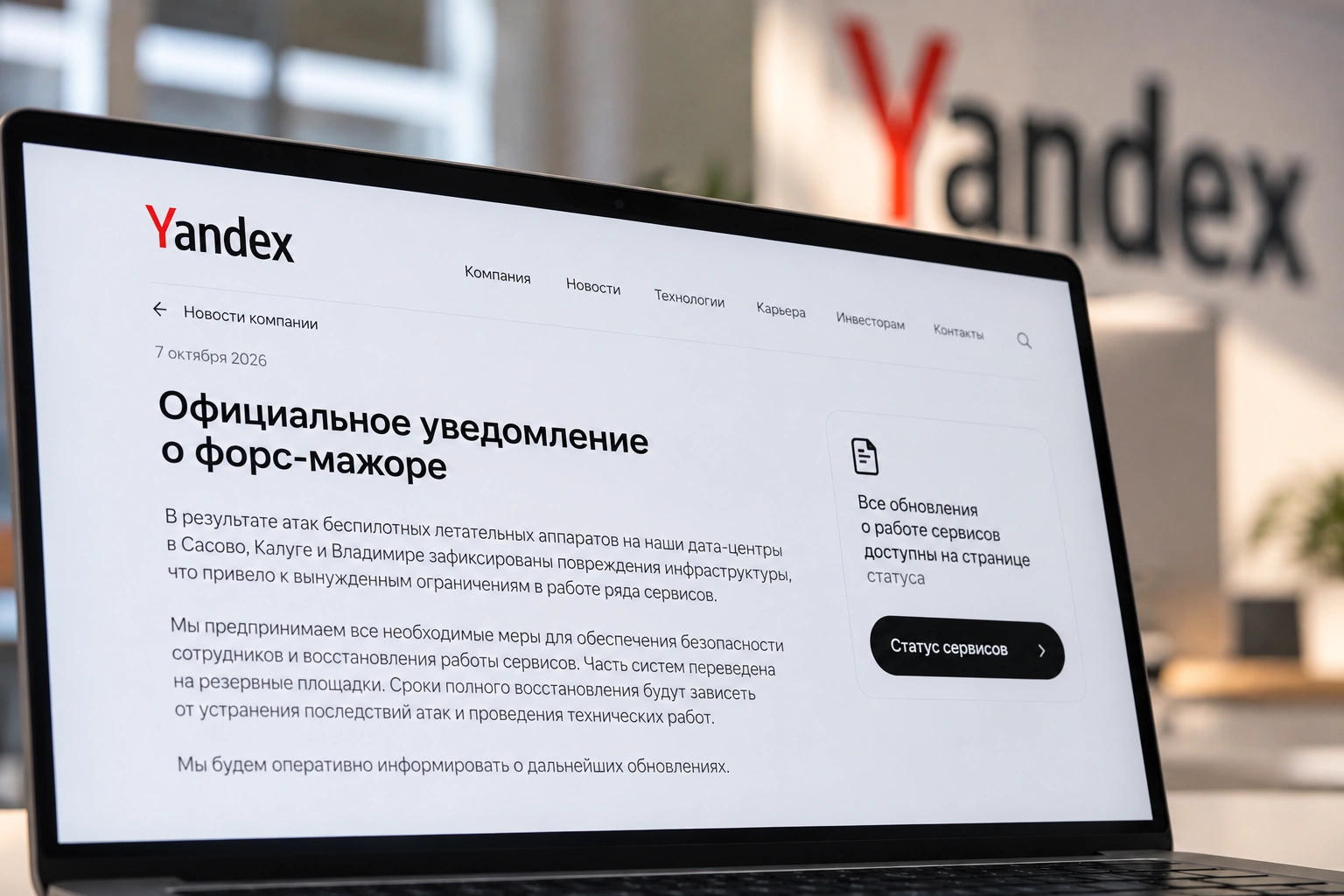 Официальное уведомление «Яндекса» о форс-мажоре из-за атак БПЛА на дата-центры в Сасово, Калуге, Владимире